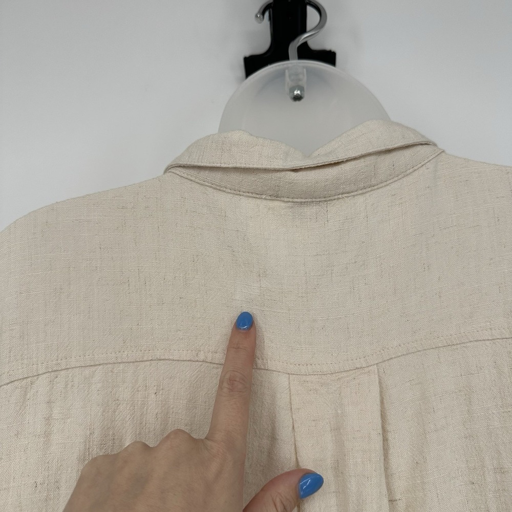 Umgee Sz S Oatmeal Beige Linen Blend Top Frayed Hem Shirt Rolled Cuff Sleeve - Picture 9 of 9